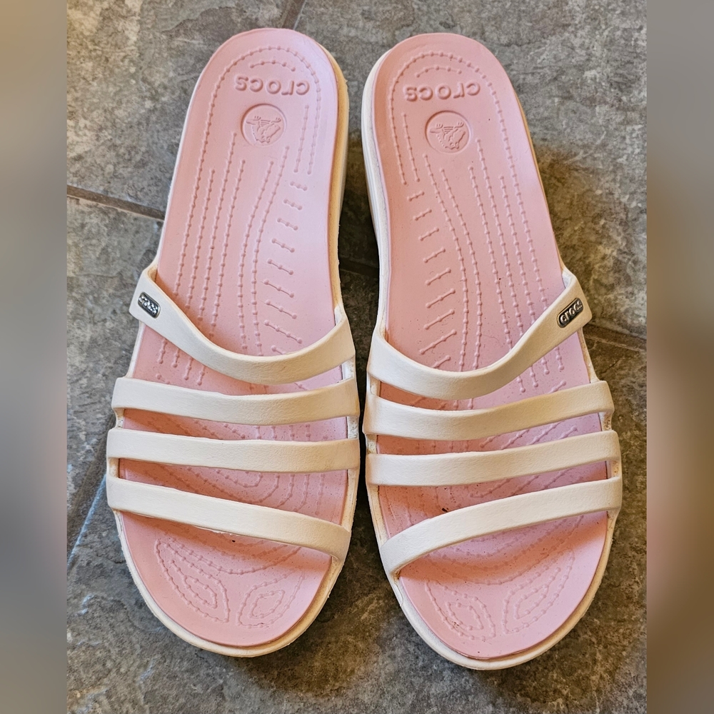 White and pink croc strap and heal shoes size 11